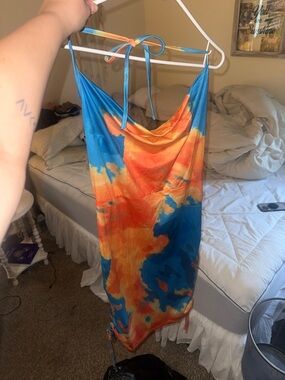 SHEIN Blue Orange Yellow Tie-Dye Cowl Neck Midi Dress